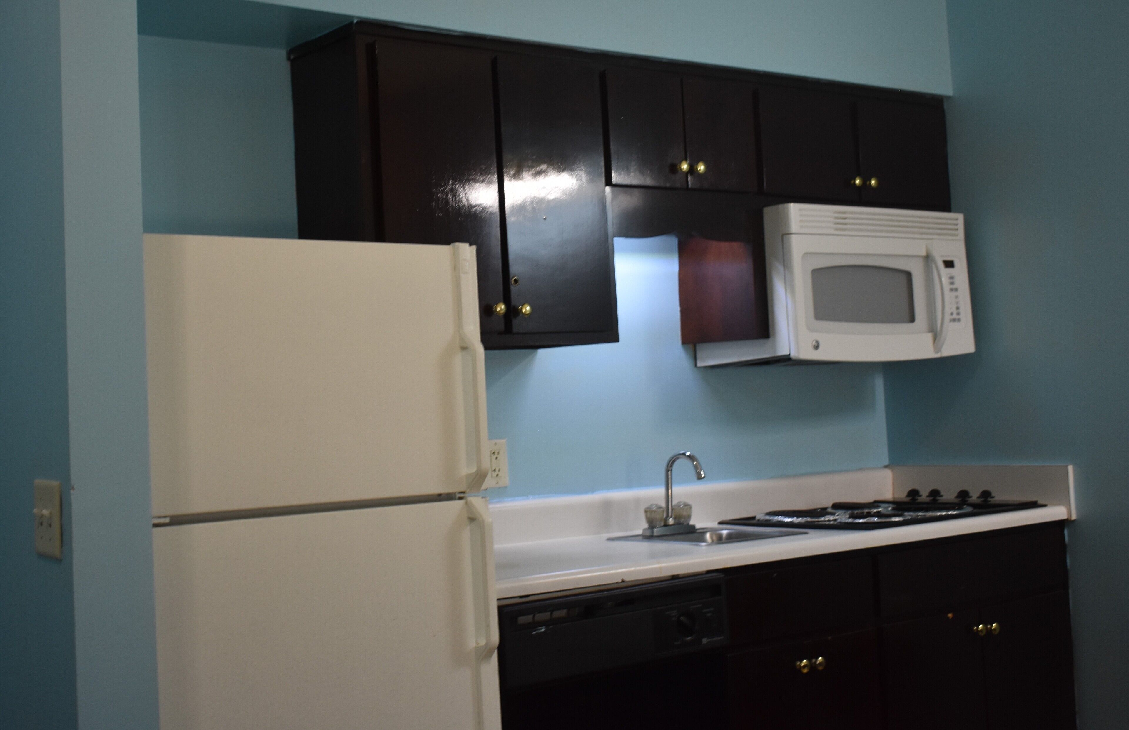 A kitchen with a white refrigerator, a microwave, a stove, and dark cabinets.