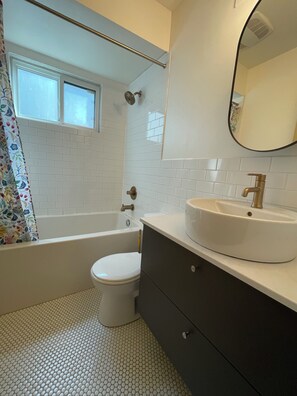 Hair dryer, towels, toilet paper