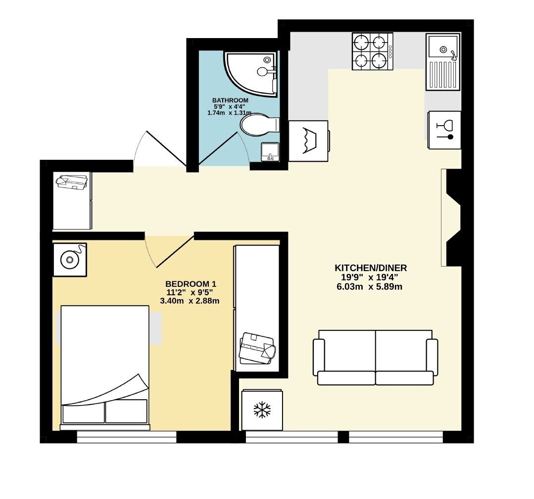 A floor plan of a 1-bedroom apartment with a bathroom, kitchenette, and a living area.