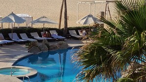 Zona de piscina con sillas de descanso y sombrillas, una palmera y vista a la playa y al océano.