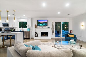 Smart TV, fireplace, video games, offices