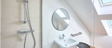 A modern bathroom with a glass shower enclosure, a white sink, and a mirror.
