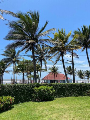 Vista costera con palmeras, un edificio de techo rojo y una playa al fondo.