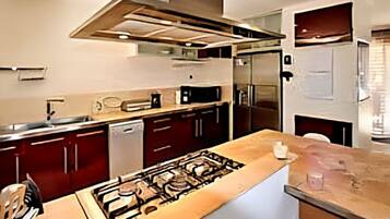 Een microgolfoven, een oven, een kookplaat, een vaatwasser