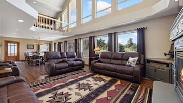 Télévision, cheminée, lecteur de DVD, espaces bureaux