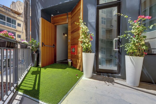 Un edificio moderno con una puerta de madera, un pequeño jardín con césped artificial y plantas en macetas.