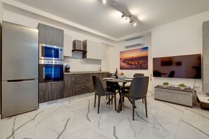 Fridge, microwave, oven, toaster