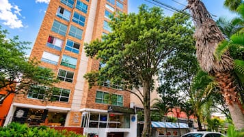 Un edificio de varios pisos con fachada de ladrillo, amplias ventanas y un árbol en primer plano.
