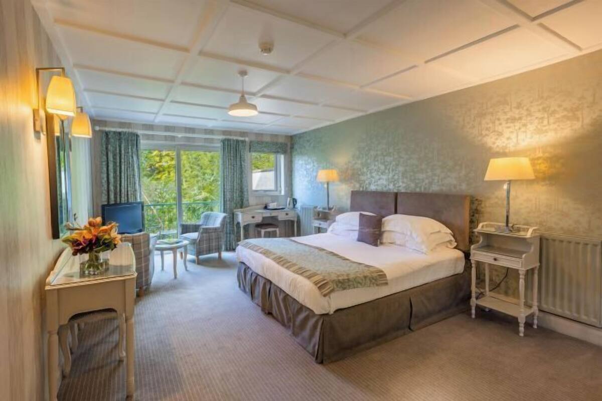 Una habitación de hotel con cama, escritorio, silla y vistas a la vegetación.