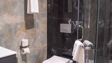 Shower, free toiletries, hair dryer, slippers