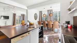 A modern kitchen with a Bosch dishwasher, a dining area with wicker chairs, and a large window with curtains. - VILLA SEABIRD Holiday House with Private Pool (Nova Vas)