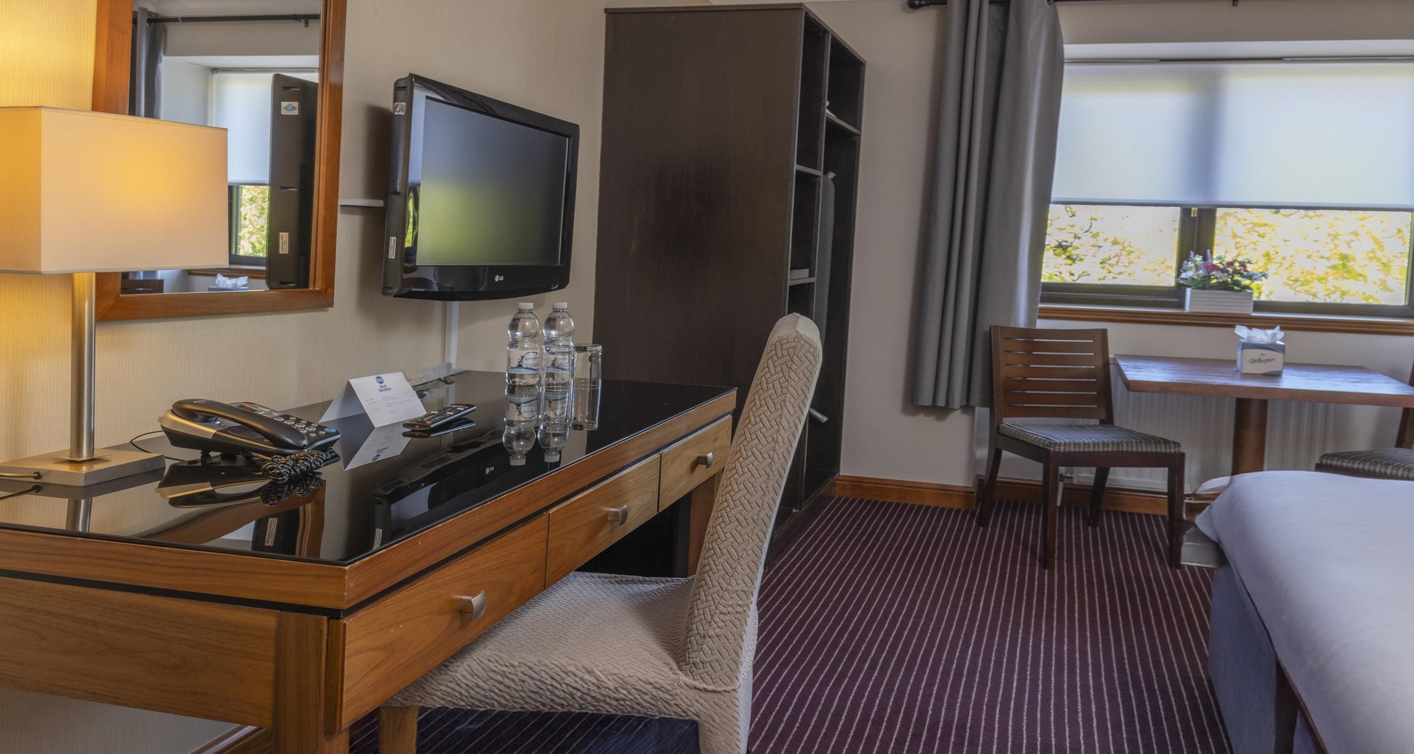 A hotel room with a desk, chair, bed, TV, and a window with a view.