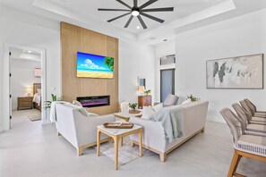 TV connectée, cheminée, livres, chaîne hi-fi