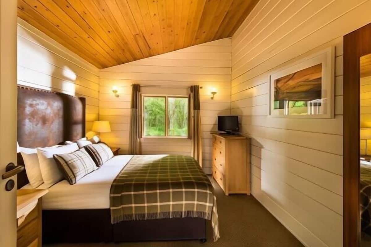 Ein gemütliches Blockhauszimmer mit Bett, Fernseher, Fenster und Holzbalkendecke.