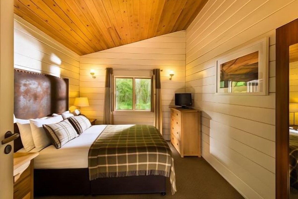 Een gezellig houten kamer met een bed, een televisie, een raam en een houten plafond.