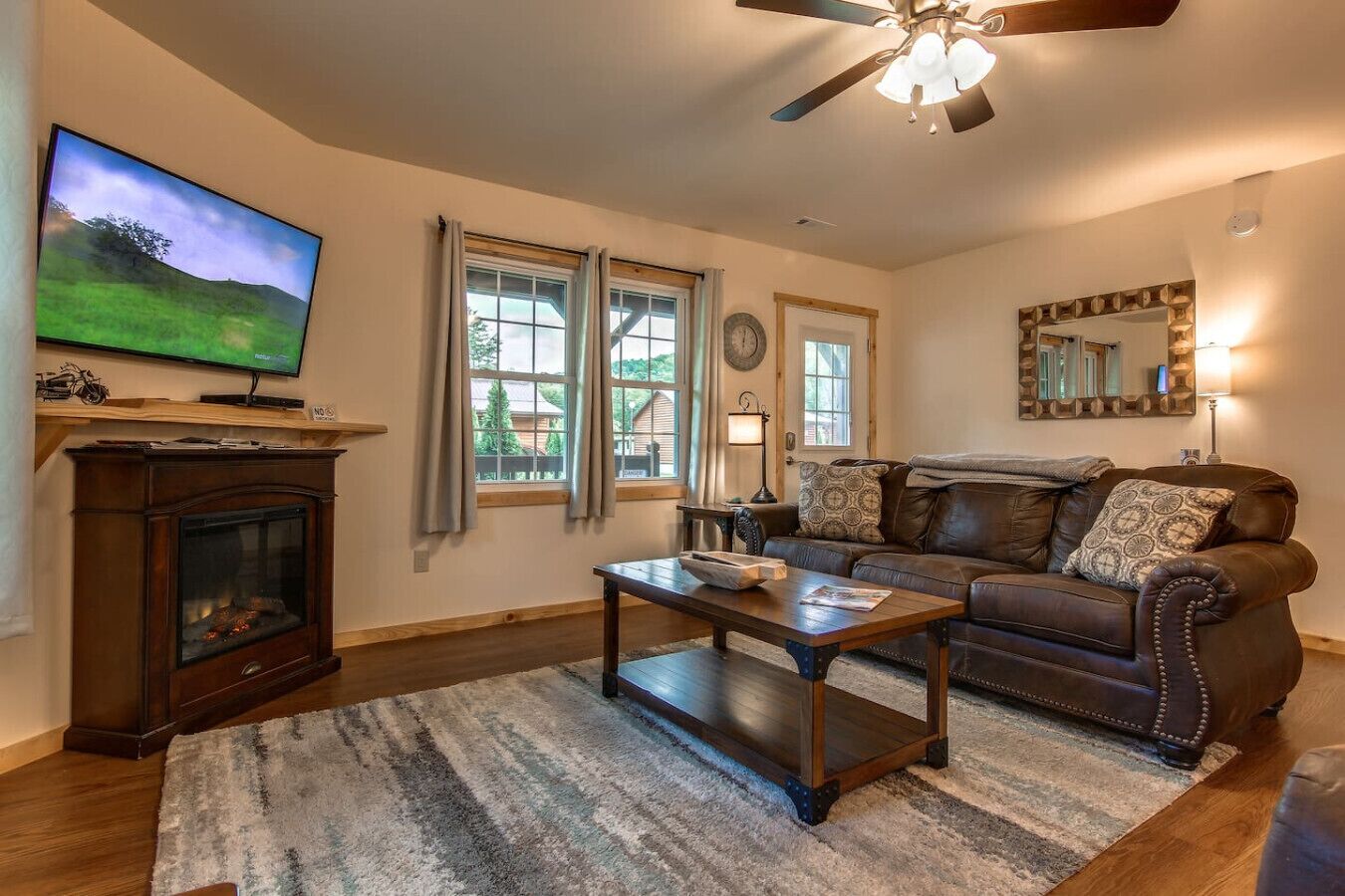 Smart TV, fireplace, books