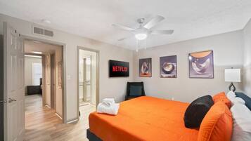 2 bedrooms, desk, iron/ironing board, travel crib