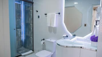 A modern bathroom with a glass shower enclosure, a toilet, a sink, and a large mirror.