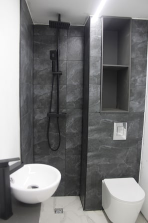 Shower, towels, soap, toilet paper