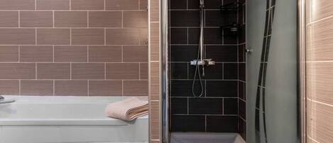 Hair dryer, towels, soap, shampoo