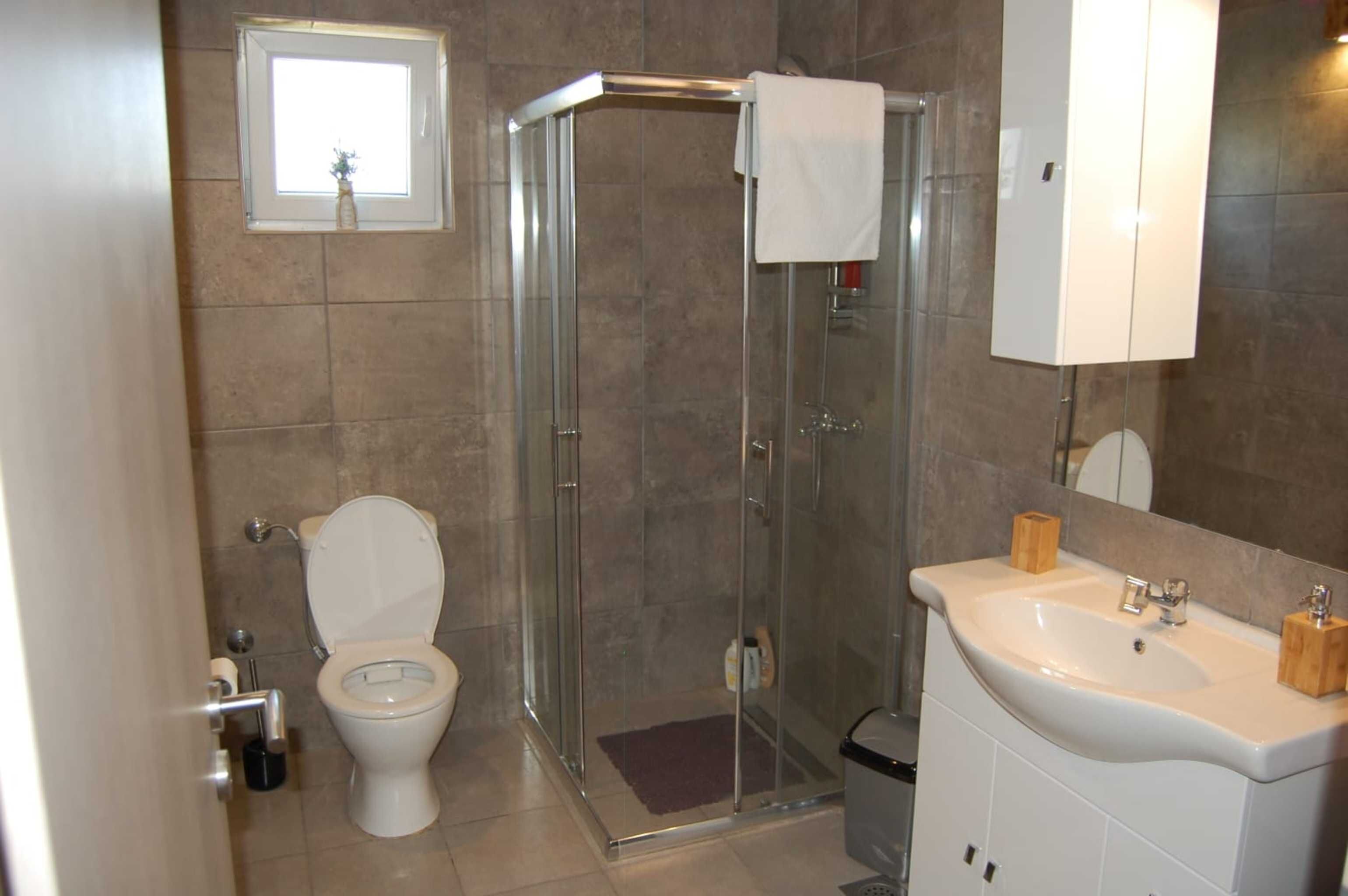 Une salle de bain comprenant des toilettes, une douche à parois de verre, un lavabo avec un miroir et une petite fenêtre agrémentée d’une plante.