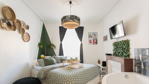 Une chambre moderne avec un grand lit, une télévision, une baignoire et une plante fixée au mur.