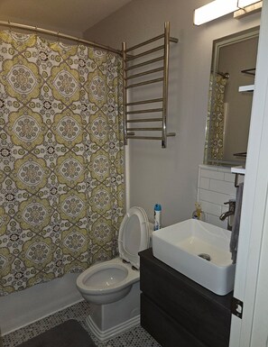 Hair dryer, towels, soap, toilet paper