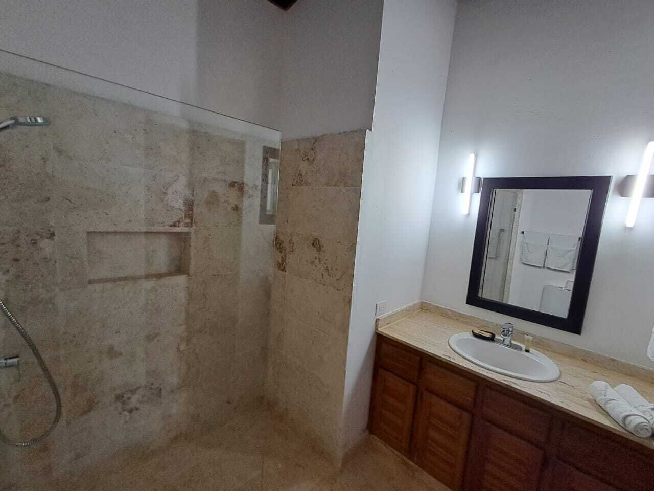 Une salle de bain avec une douche, un lavabo et un miroir.