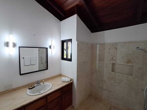 Shower, hair dryer, towels, soap