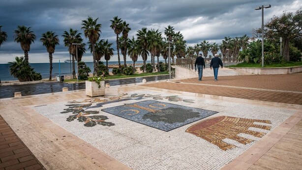 A mosaic pathway with palm trees and a view of the sea. - The Regin - by Be Your Home (Civitavecchia)