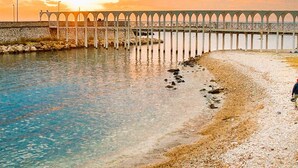 A coastal scene with a pier extending into the water, a sandy beach, and a person walking along the shore. - The Regin - by Be Your Home (Civitavecchia)