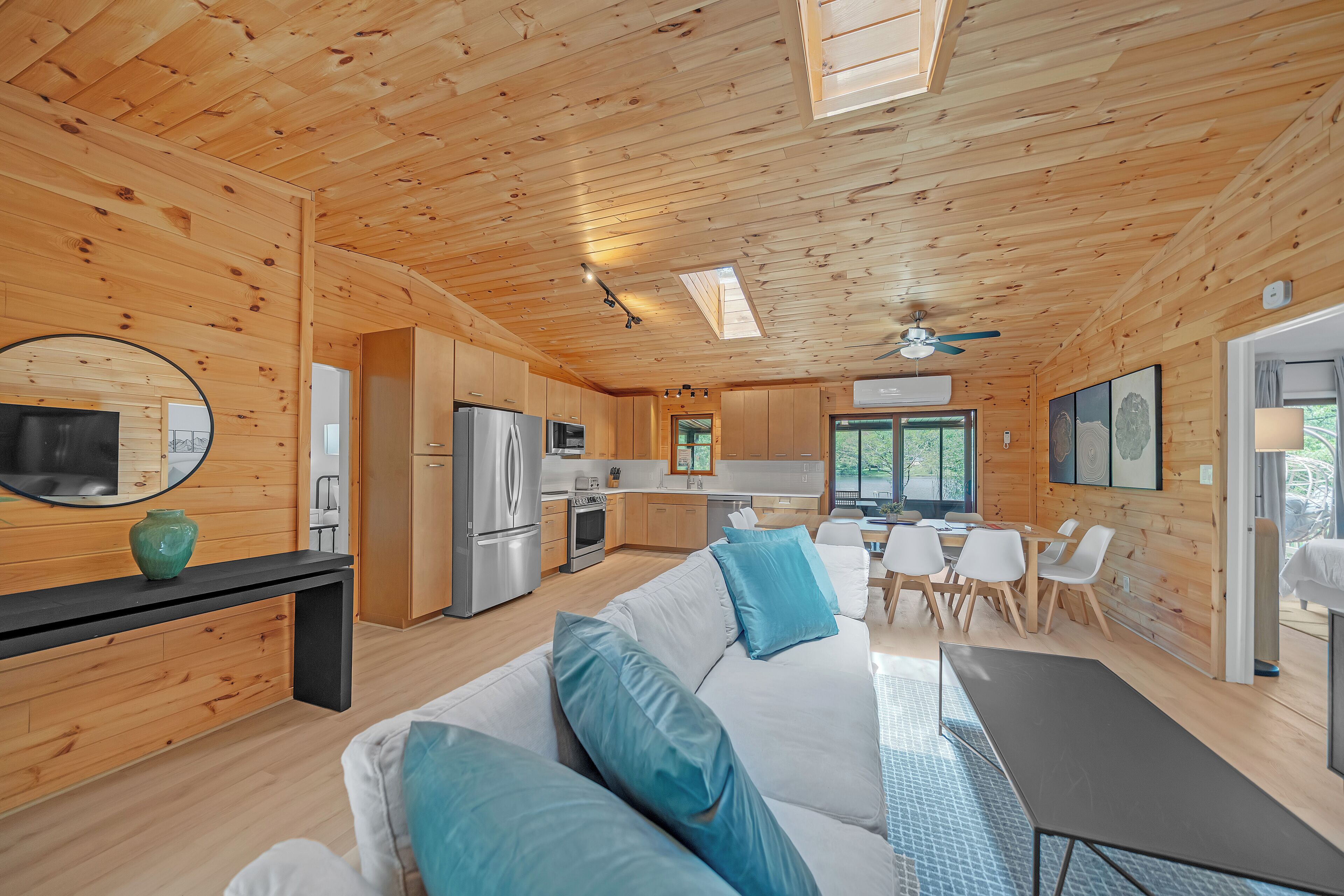 Smart TV, fireplace, foosball