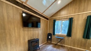 A room with wooden walls, a built-in TV, a fireplace, a window with curtains, and a small table.