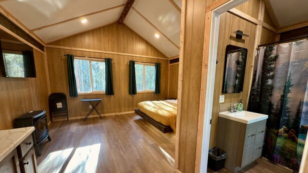 A compact, well-lit room with a bed, a small kitchenette, a window with curtains, and a shower area with a forest-themed curtain.