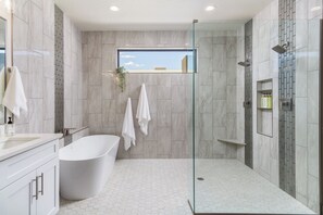 Hair dryer, towels, soap, shampoo