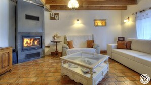 A cozy living room with a fireplace, a sofa, a glass coffee table, and a wooden ceiling. - Ain Amour de Bresse - DOMSURE (DOMSURE)