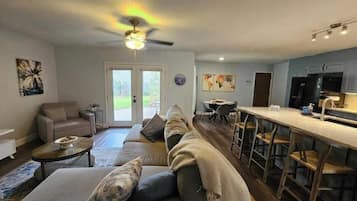 Smart TV, fireplace, books