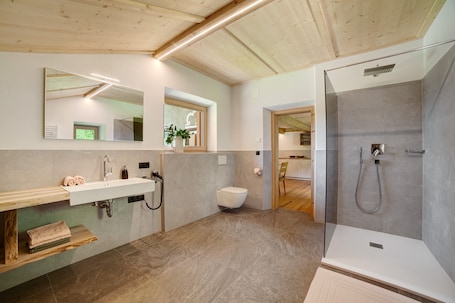 Shower, hair dryer, towels. Apartment 'Schlossbauer Große' with Mountain View, Shared Terrace and Wi-Fi