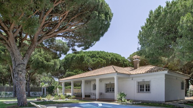 Une maison avec une piscine, un patio couvert et un grand arbre dans le jardin.