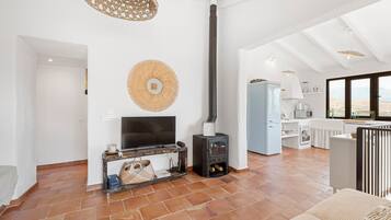 Een televisie en een open haard