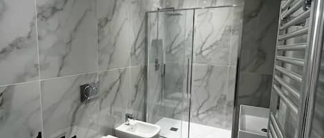 Shower, hair dryer, towels