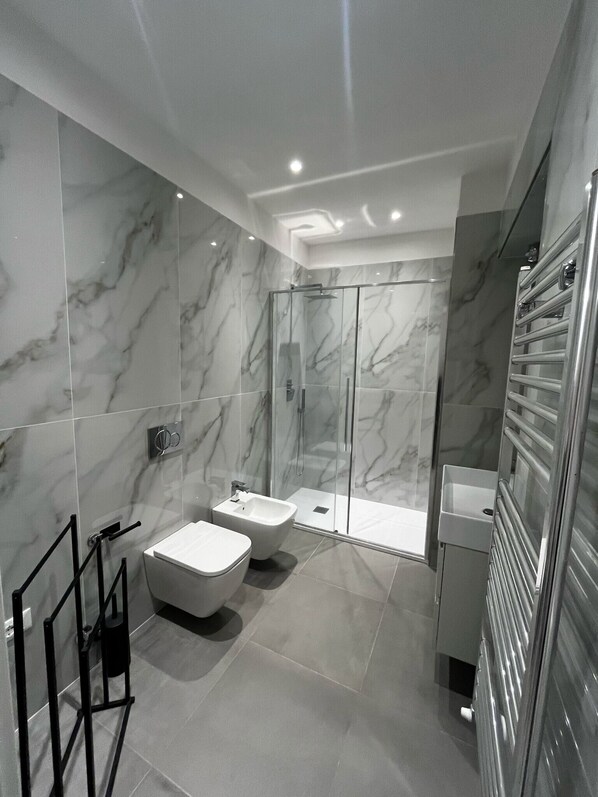 Shower, hair dryer, towels