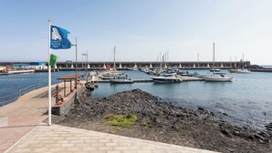 A marina with boats docked, a rocky shore, and a flagpole with a flag. - Dacil - Relaxing Getaway near Beach, La Restinga (Las Puntas)