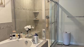 Hair dryer, towels, soap, toilet paper