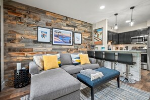 Smart TV, fireplace, table football