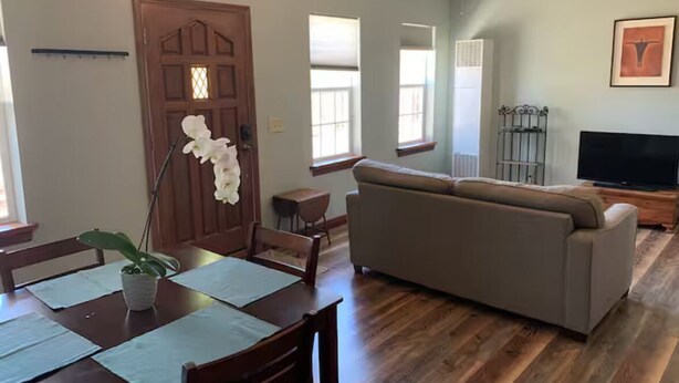 Una sala de estar con un sofá, una mesa de comedor con individuales, una orquídea en maceta y un televisor.