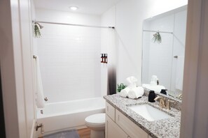 Hair dryer, towels, soap, toilet paper