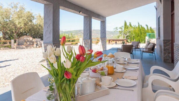 A breakfast table set with plates, cups, and a vase of tulips. - El Real de Magiaza Riogordo by Ruralidays (Málaga)