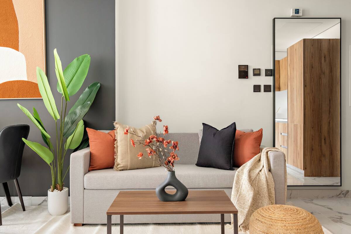 A modern living room with a sofa, a coffee table, and a potted plant.