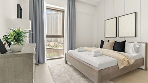 Une chambre d’hôtel moderne avec un grand lit, un bureau, une plante en pot et une vue sur la ville.